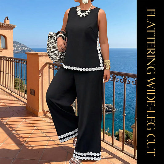 📢📢40% OFF !! ⏰ Women’s Sleeveless Top & Wide-Leg Pants Suit – Lace Trim, Flowy, 2-Piece 🌸
