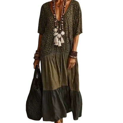 📢📢40% OFF !! ⏰ Bohemian Leopard Maxi Dress – V-Neck, Tiered, Flowy Resort Style 🌴