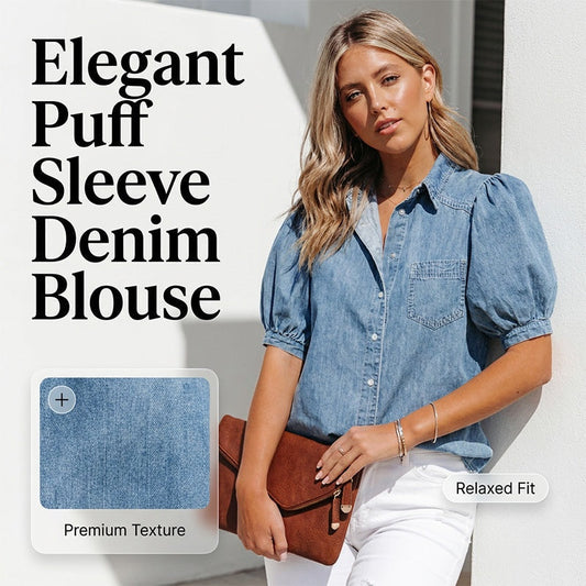📢📢40% OFF !! ⏰ Women's Puff Sleeve Denim Blouse – Button-Down, Lapel Collar, Lightweight 🌟