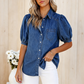 📢📢40% OFF !! ⏰ Women's Puff Sleeve Denim Blouse – Button-Down, Lapel Collar, Lightweight 🌟