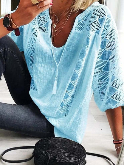 👚 50% OFF NOW! 🌸 Women's U-Neck OpenWork Blouse – Tassel Drawstring & Short Sleeves – Casual Summer Chic 🌿