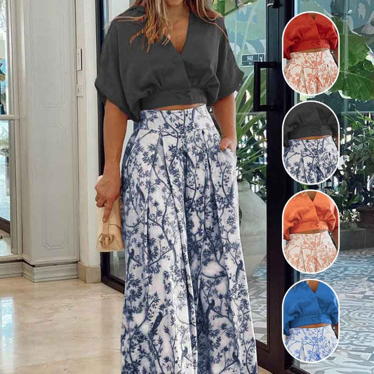📢📢40% OFF !! ⏰ Elegant ladies two piece set 【V-neck top & wide leg pants】👚👖