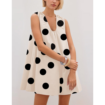 Women's Sleeveless U-Neck Polka Dot Mini Dress with Pockets
