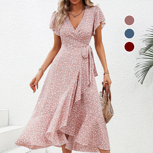 📢📢40% OFF !! ⏰Women’s Summer Elegant V Neck Tie Waist Flowy Floral Dress