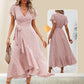 Women’s Summer Elegant V Neck Tie Waist Flowy Floral Dress