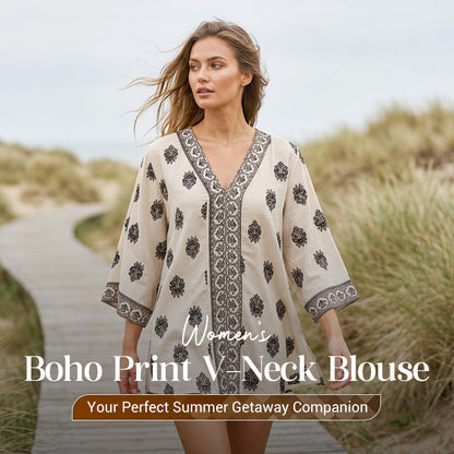 📢📢40% OFF !! ⏰Women's Boho Print V-Neck Blouse