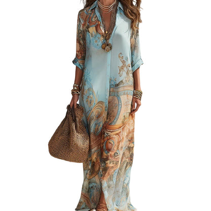 🎁New Arrival 56% OFF💥Elegant Retro Print Maxi Dress | Boho V-Neck Button-Down Flowy Gown | Breathable Summer Beach Holiday Dress