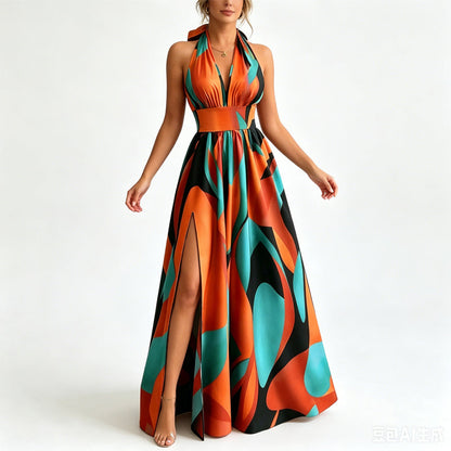 Women's Halter V-Neck Side Slit Maxi Dress