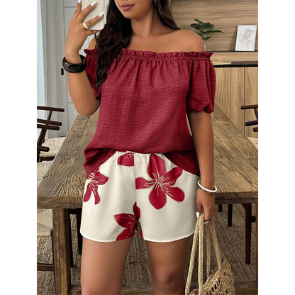 📢📢40% OFF !! ⏰Women's Off Shoulder Top and Floral Shorts Set