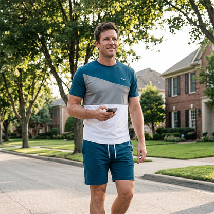 📢📢40% OFF !! ⏰Men Color-Block T-Shirt and Shorts Set