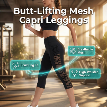 📢📢40% OFF !! ⏰ Women's Butt-Lifting Mesh Splicing Yoga Leggings – High Waist Tummy Control | 4-Way Stretch | Side Pockets | Squat-Proof Capri Workout Pants 💨