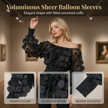 📢📢40% OFF !! ⏰Off-Shoulder Fitted Top – 3D Floral Appliqués, Smocked Waist, Balloon Sleeves 🌸