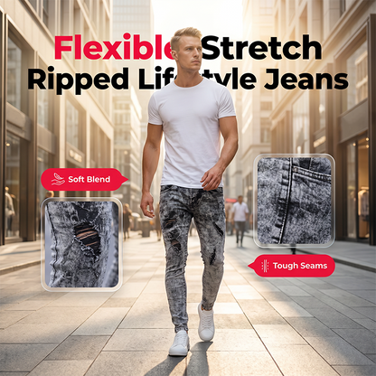 📢📢40% OFF !! ⏰Men's Slim Fit Ripped Jeans Stretch Distressed Denim Pants