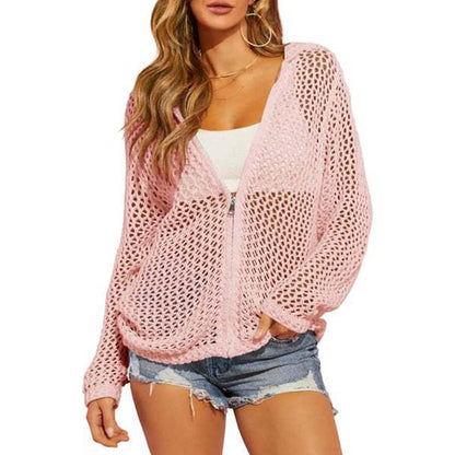 📢📢40% OFF !! ⏰2026 Women's Open-Knit Zip-Up Cardigan | Lightweight Hollow-Out Long Sleeve Sweater for Spring & Summer