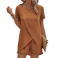 📢📢40% OFF !! ⏰Solid Color Short Sleeve Wrap Top and Shorts Lounge Set