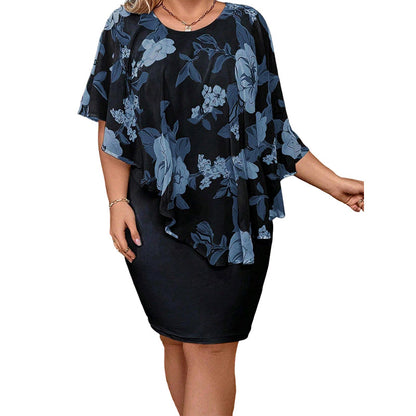 Women's Floral Print Cape Bodycon Dress