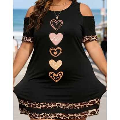 Women's Cold Shoulder Leopard Trim T-Shirt Dress