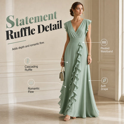 📢📢40% OFF !! ⏰Women's V-Neck Ruffled Chiffon Maxi Dress