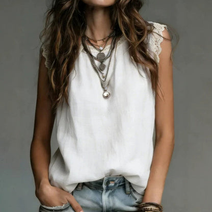 📢📢40% OFF !! ⏰Women's Round Neck Sleeveless Lace Top