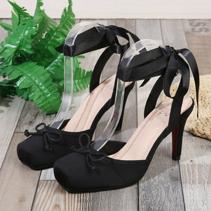 Women's Square Toe Lace Up High Heels Pumps