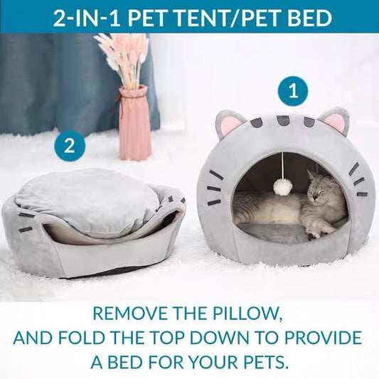 📢📢40% OFF !! ⏰2-in-1 Pet Tent & Bed – Convertible cat cave with removable cushion, spacious for cats & small dogs.
