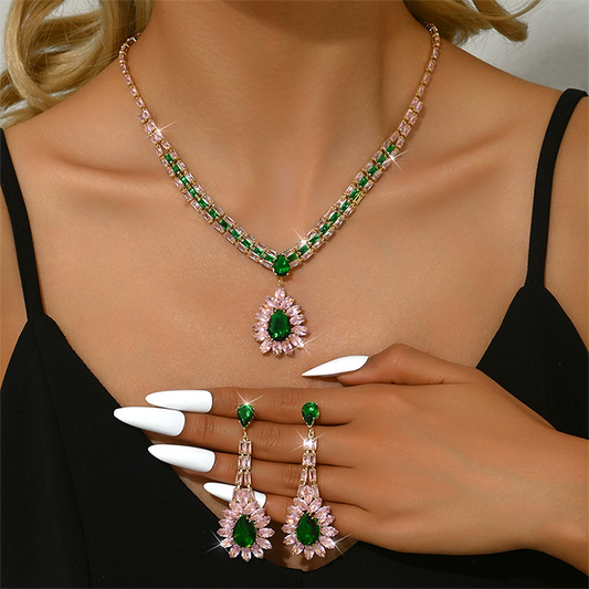 📢📢40% OFF !!⏰ 2026 Sale — Over 22,000 Sold! 💎 Zircon Jewelry Set – Pink & Green Necklace & Drop Earrings – Complete Your Party Look! ✨