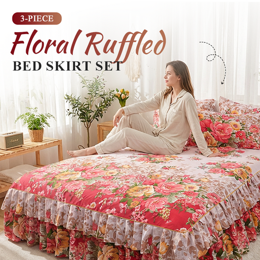 📢📢50% OFF !! ⏰3-Piece Floral Ruffled Bed Skirt Set