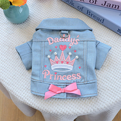📢📢40% OFF !! ⏰ Cute Princess Denim Dog Jacket – Stylish Adjustable Clothing for Small & Medium Dogs, Soft Washed Denim with Bow Accent 🐩✨