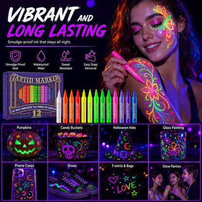 📢📢40% OFF !! ⏰ Glow Party Tattoo Pens | Temporary UV Body Art Markers | Fun Glow-in-the-Dark Designs for Parties, Festivals & Events 🎉