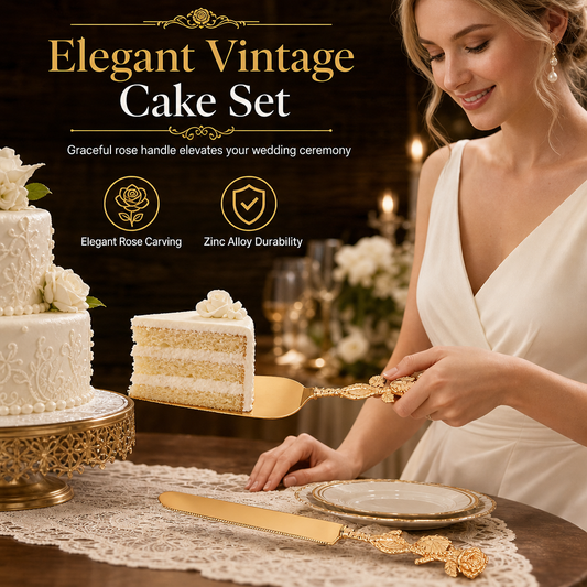 Exquisite Metal Alloy Cake Knife and Server Set with Rose Design for Weddings and Home Use