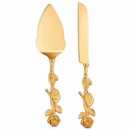 Exquisite Metal Alloy Cake Knife and Server Set with Rose Design for Weddings and Home Use