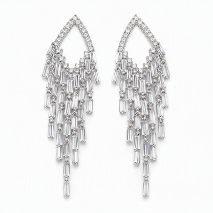 Rhombus Cubic Zirconia Tassel Drop Earrings with Silver Needles Elegant Statement Studs for Women