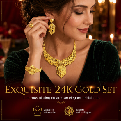 📢📢40% OFF !! ⏰24K Gold Plated Bridal Jewelry Set Dubai Indian Style Necklace Bracelet Ring and Earrings Set for Women