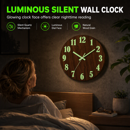 📢📢40% OFF !! ⏰12-Inch Silent Wooden Wall Clock – Luminous Glow & MDF Wood Grain✨