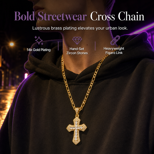 📢📢40% OFF !! ⏰Hip Hop Double Layer Baguette Rhinestone Cross Brass with Figaro Chain