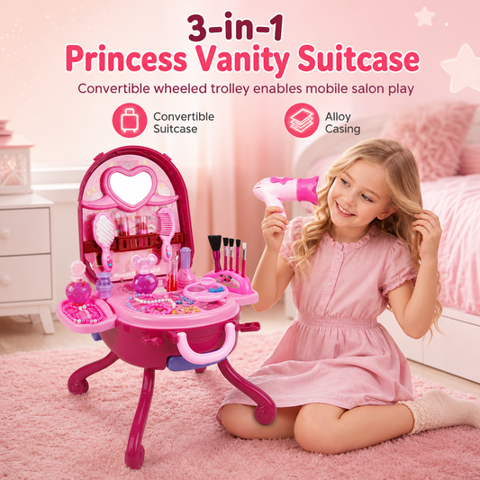 📢📢The Best Gifts for little one !! ⏰Kids’ Pretend Makeup Vanity Suitcase – Portable Dress-Up Toy Set for Girls