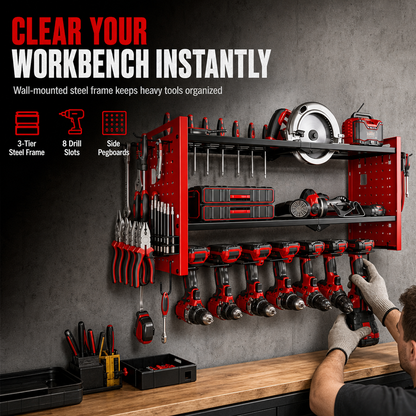 📢📢50% OFF !! ⏰ Wall-Mounted Power Tool Organizer – Heavy-Gauge Steel, Drill Charging Station & Dual Pegboards – Garage Storage 💪