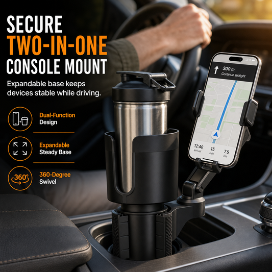 ⏳🔥LIMITED-TIME 53% OFF! Careluxpro 2 in 1 Car Cup Holder and Phone Mount Multifunctional Center Console Beverage Bottle Holder and Mobile Phone Navigation Stand