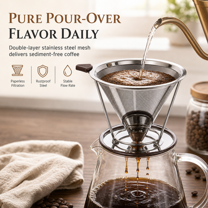 📢📢50% OFF !! ⏰Reusable 304 Stainless Steel Double Layer Pour Over Coffee Filter Cone Drip Coffee Maker Funnel for 1 to 4 Cups