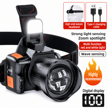 Super Bright Motion Sensor LED Headlamp Style Rechargeable Headlight with Dual Lithium Battery for Outdoor Night Fishing and Camping